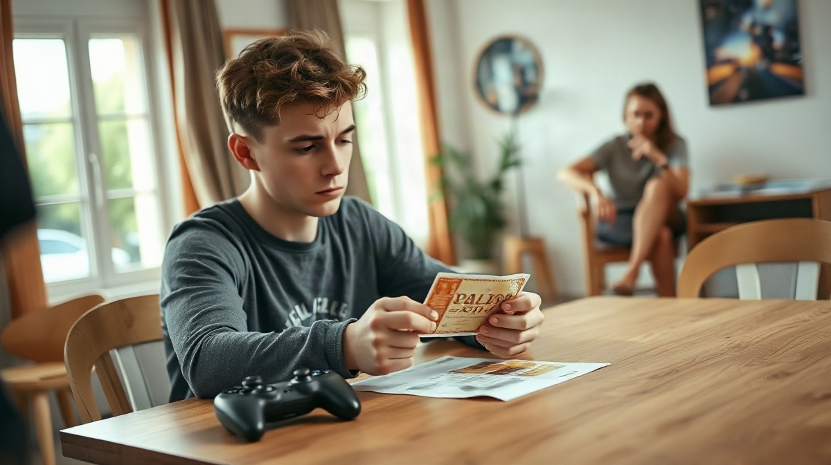 Jeune adulte examinant un papier imprimé à table, manette posée à côté