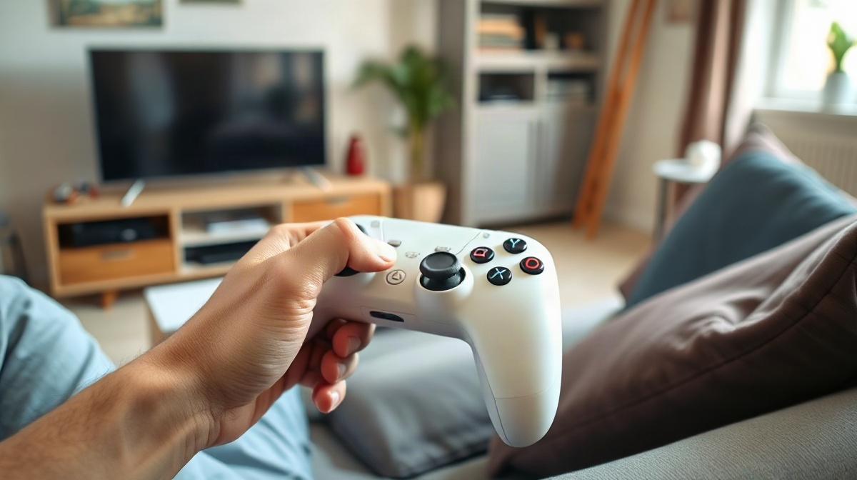 Manette blanche utilisée sur un canapé, pouce posé sur le joystick décentré