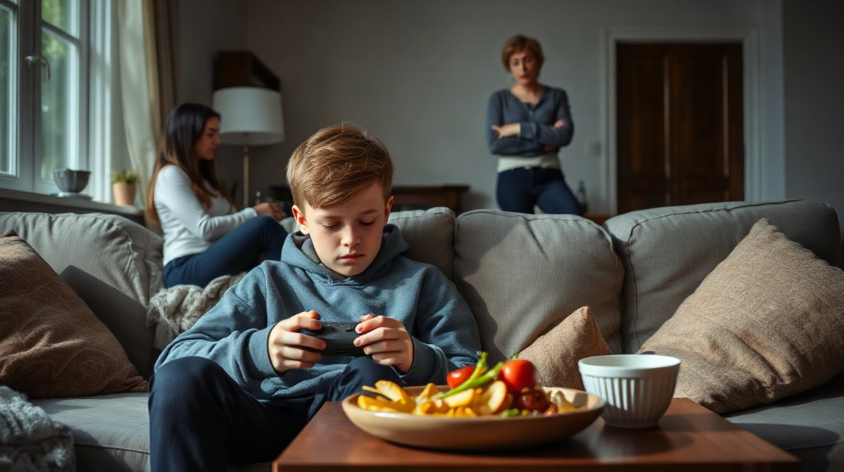 Adolescent sur un canapé, manette en main, repas intact, parent derrière