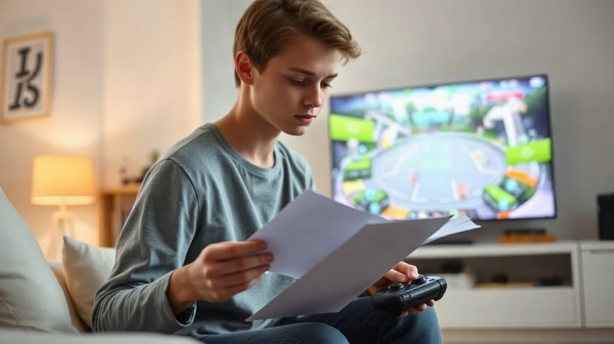 Adolescent vérifiant des notes imprimées près d’une manette, télévision allumée derrière lui