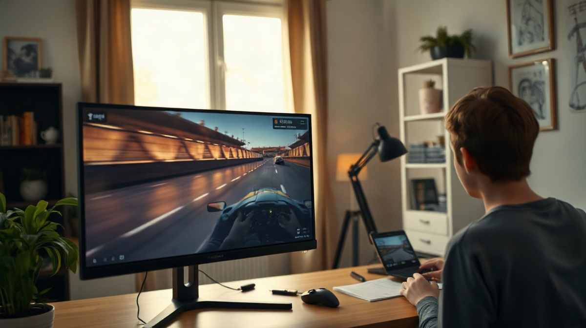 Écran affichant une course automobile, joueur adulte à un bureau