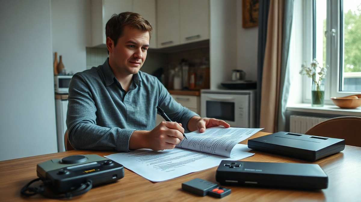 Personne assise à une table de cuisine, consultant des documents juridiques