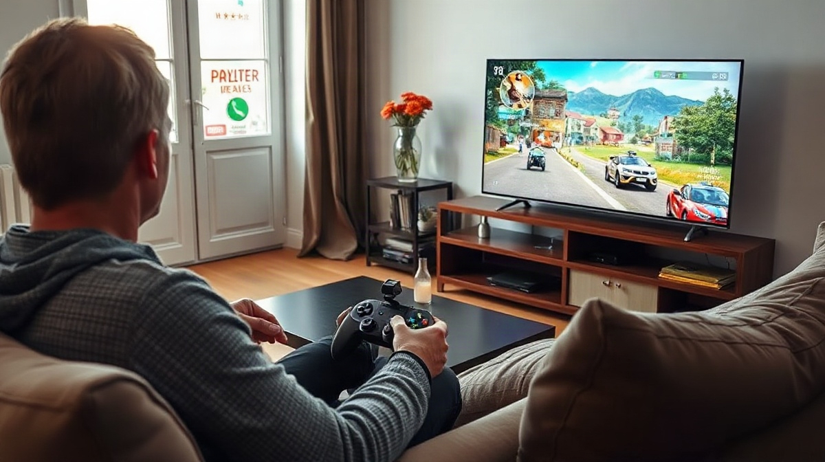 Personne assise sur un canapé, manette en main, téléviseur et chronomètre visibles