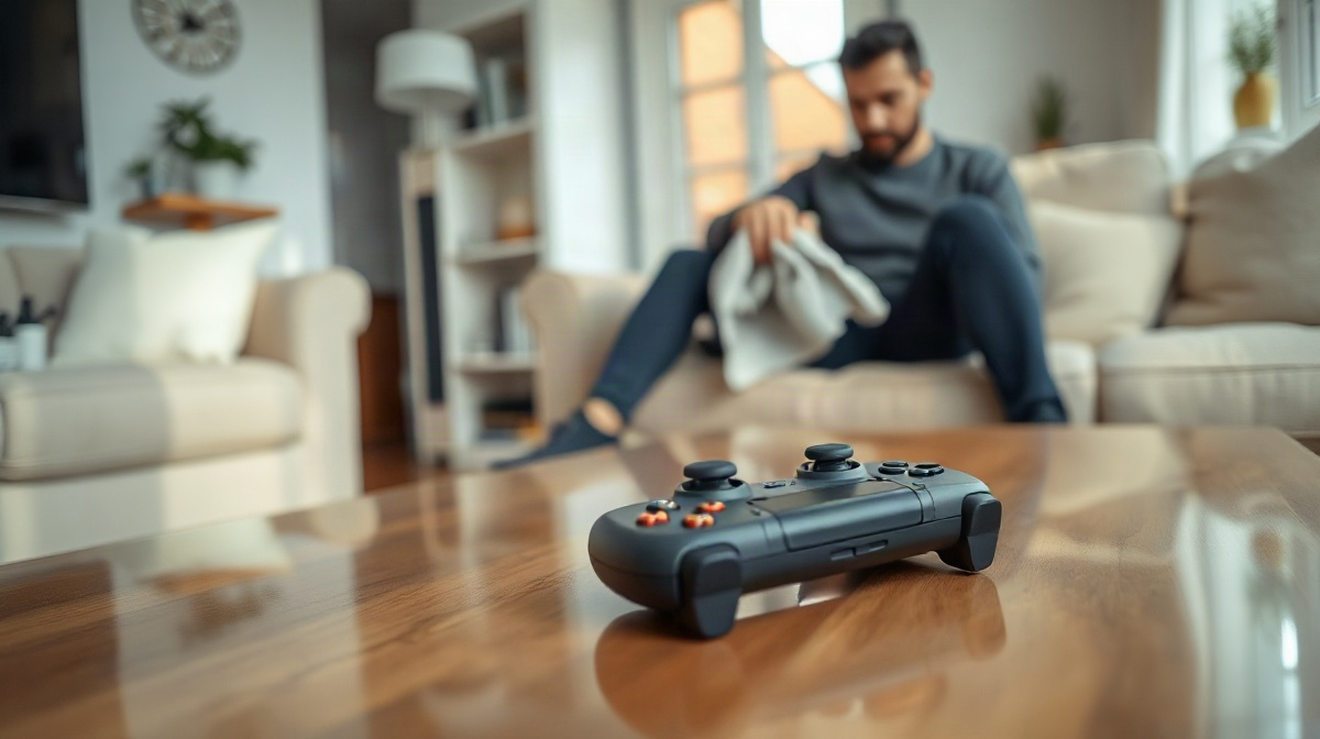 Manette de jeu nettoyée avec un chiffon doux sur une table basse