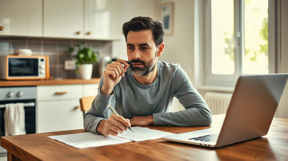 Personne adulte assise à table avec stylo, feuilles vierges et ordinateur portable