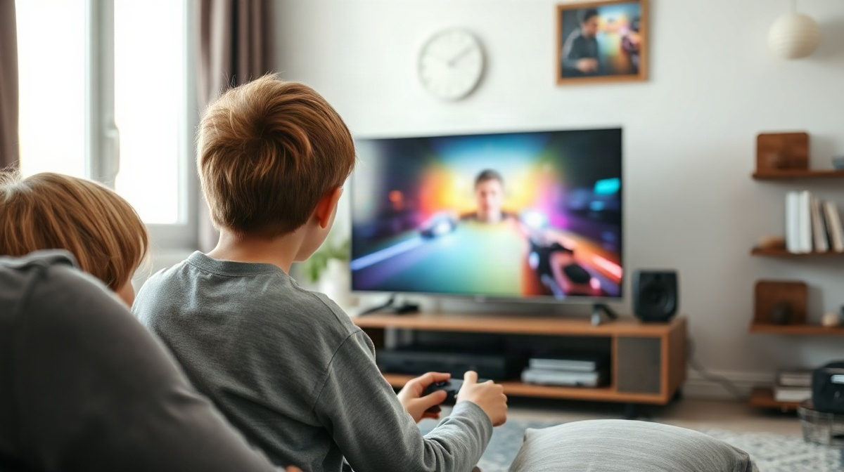 Adolescent jouant à un jeu vidéo devant la télévision, parent observant