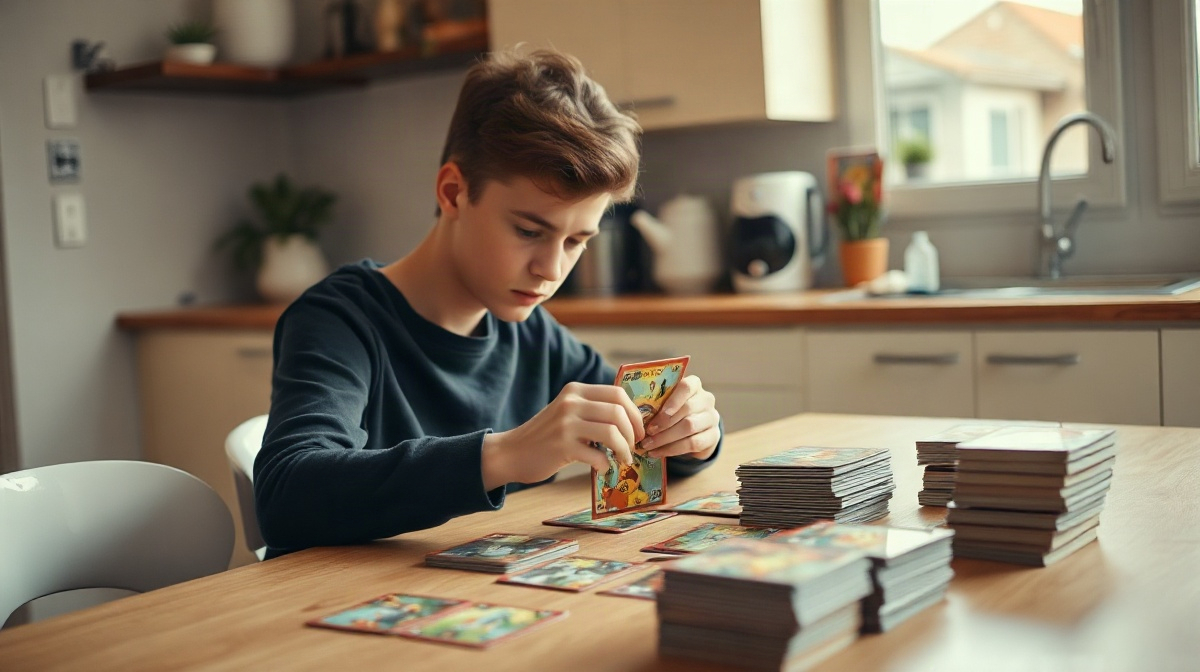 Adolescent composant un paquet de cartes illustrées à table