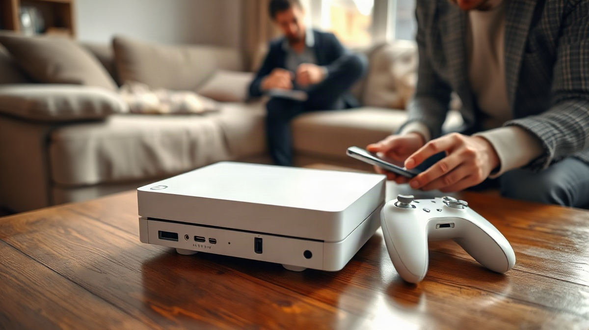 Acheteur vérifiant les ports d’une console de jeu blanche et sa manette