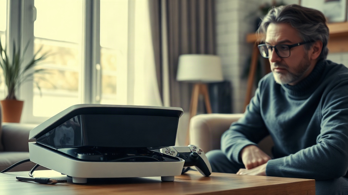Console de jeu en fonctionnement, observée par un adulte dans un salon moderne