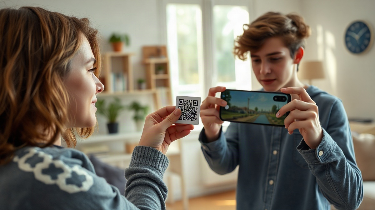 Deux adolescents partagent un code QR imprimé, téléphone dirigé vers lui