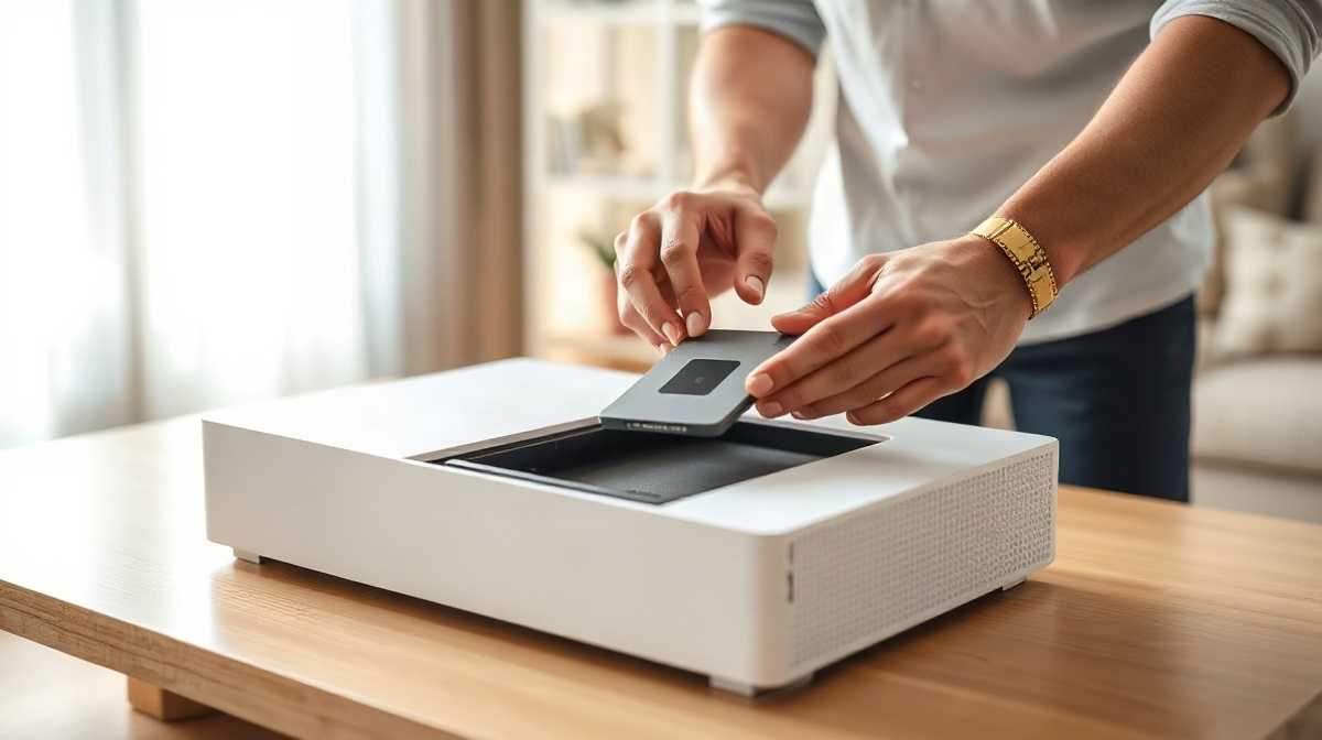 Personne installant un SSD dans le compartiment ouvert d’une console blanche