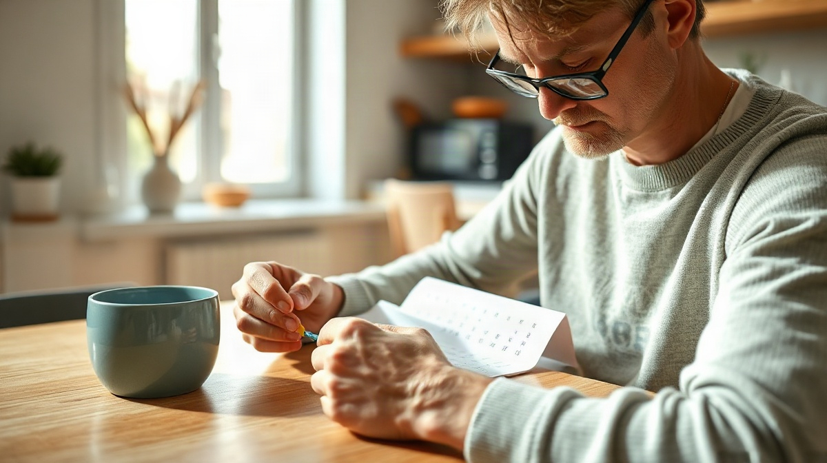 Adulte jouant à un jeu de mots sur une feuille à table